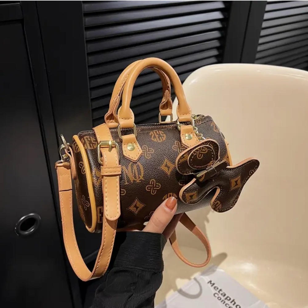 Brown Monogram Barrel Bag Designer Inspired with Puppy Charm & Golden-Tone NIP - Picture 11 of 13